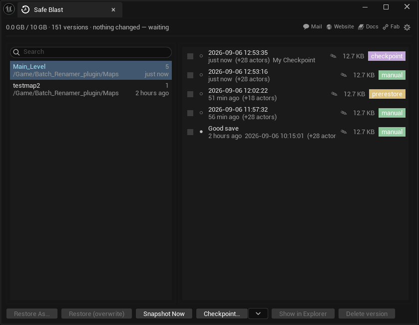 The Safe Blast panel: assets on the left, versions on the right